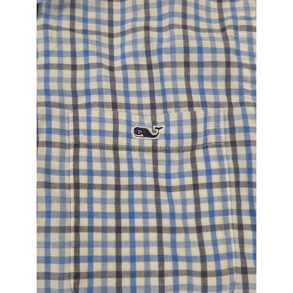 Vineyard Vines Slim Fit Tucker Shirt Plaid‎ Blue Linen Cotton Long Sleeve Small - Picture 4 of 7